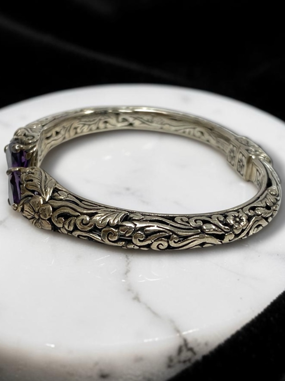 Estate Embossed Sterling Silver 925 Amethyst Cuff Hinged Bangle Bracelet! - Picture 12 of 16
